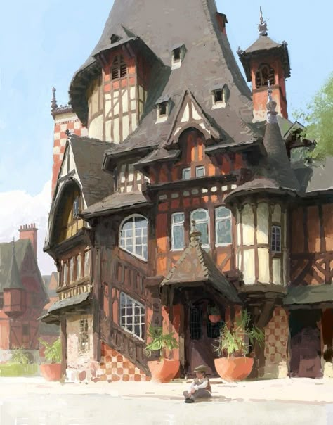 Fantasy Exterior, Fantasy Map Ideas, European Buildings, New Animation Movies, Medieval Buildings, Pagoda Lanterns, Storybook Homes, Medieval Houses, Vis Dev