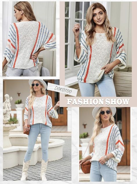 Womens 2024 Fall Casual Color Block Striped Lightweight Comfy Cable Knit Trendy Boho Clothes Pullover Sweaters Seaside Shirt, Boho Clothes, Beach Boho, Costume Shirts, Trendy Boho, Tech Fashion, Summer Color, Sweater Brands, Cute Spring