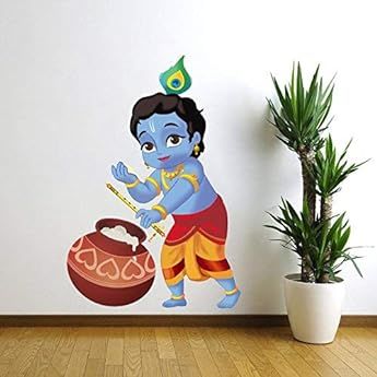 WALLSTICKS ' Lord Krishna - Mediate - Hindu - God - Relax - Creative - Colourful - Decorative - Wall Sticker ' - WS041 (PVC Vinyl - 70 cm X 70 cm) : Amazon.in: Home & Kitchen Krishna Wall Painting, Large Wall Stickers, Wall Art Diy Paint, Krishna Drawing, Diy Wall Painting, Little Krishna, Wall Painting Decor, Krishna Painting, Indian Art Paintings