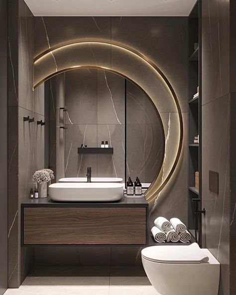 Bathroom Lights Over Mirror, Backlit Bathroom Mirror, Modern Bathroom Mirrors, Apartment Decorating On A Budget, Washbasin Design, Washroom Design, Basin Design, New Interior Design, Bathroom Inspiration Decor