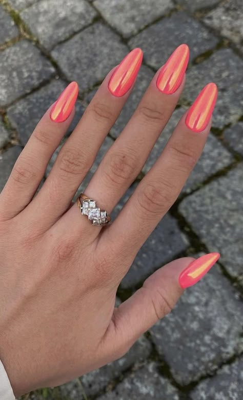 Spring Summer Nails 2024 Trends, Bright Chrome Nails, Summer Chrome Nails 2024, Summery Nails 2024, Trends Nails, Inspiration Nails, 2024 Nails, Peach Nails, Chrome Nails Designs