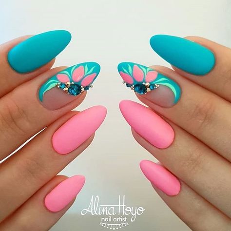 Keep in’ it real with pink and teal 💓 @alinahoyonailartist #nailsmagazine #matte Beautiful Manicure, Nagel Design, Long Nail Art, Magic Nails, Valentine Nails, Nail Swag, Spring Nail Art, Nagel Inspo, Pink Nail