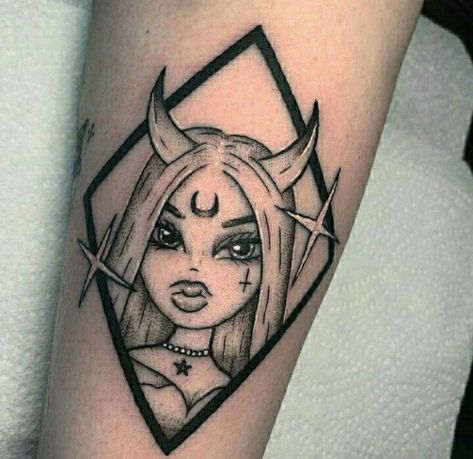 Brats Tattoo, Bratz Tattoo Design, Bratz Tattoo, Valhalla Tattoo, Barbie Tattoo, Satanic Tattoos, Partner Tattoos, Chicanas Tattoo, Pink Tattoo