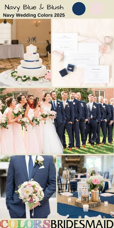 Navy blue and blush for navy blue wedding colors 2025, blush bridesmaid dresses, white bridal gown, navy blue groomsmen suits blush flower corsage, navy blue wedding tablecloth, blush flowers and greenery of reception centerpieces, bouquets and wedding cake décor, white wedding cake, navy blue wedding ring box, white wedding invitation suite and blush flower decoration. #weddingcolors #weddingideas #navyweddings #colsbm #2025 #bridesmaiddresses #navybluewedding #blushwedding #navyandblush Blue Wedding Tablecloth, Wedding Cake Navy Blue, Corsage Navy Blue, Navy Blue Groomsmen Suits, Navy Blue Wedding Colors, Blush Blue Wedding, Different Blue Shades, Wedding Colors 2025, Navy Blue Groomsmen