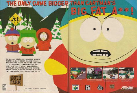 The Only Game Bigger Than Cartman's Big Fat A**! South Park Poster, Retro Games Poster, West East, Hate School, Park Pictures, Tv Show Games, Retro Video, Video Gaming, Old Games