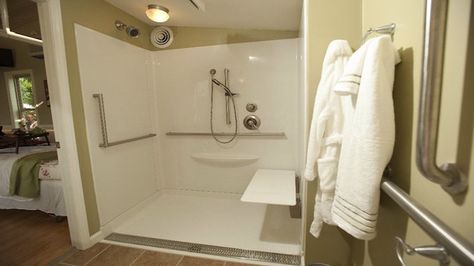 Shower  ~ Great pin! For Oahu architectural design visit http://ownerbuiltdesign.com Grandma Pods, Granny Pods Floor Plans, Granny Pods, Tiny House Towns, Granny Pod, Backyard Cottage, Cottage Floor Plans, Accessible Bathroom, Elderly Home