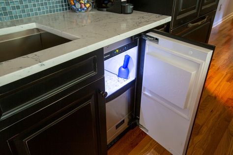 Kitchen Bar With Ice Maker, Built In Under Cabinet Ice Maker, Built In Nugget Ice Maker, Built In Icemaker In Kitchen, Icemaker In Kitchen Island, Undercounter Ice Maker, Ice Machine In Pantry, Under Cabinet Ice Maker, Under Counter Ice Maker Built Ins