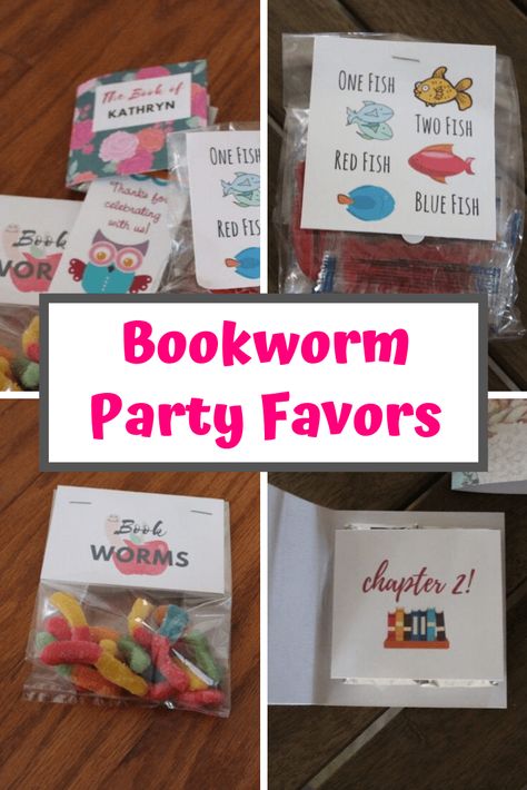 These bookworm party favor ideas and printables feature: gummy worm "bookworms," Dr. Seuss inspired "Red fish," and book party favors made out of Hershey's chocolates.  #birthdayideas #bookworm #bookparty #libraryparty #bookthemedparty #bookworms Book Themed Candy Bar, Book Worm Themed Birthday Party, Book Favors For Kids Birthday, Bookworm Party Decorations, Bookworm Party Ideas, Library Themed Party, Bookworm Birthday Party, Book Themed Party Favors, Rory Birthday