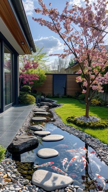 A tranquil backyard koi pond, flanked by stepping stones, under the delicate blooms of a cherry tree. Garden Party Wedding Dress, Wedding Garden Ideas, Garden Ideas Easy, Backyard Koi Pond, Garden Border Ideas, Garden Plants Ideas, Wedding Dress Garden, Garden Wedding Guest, Garden Ideas On A Budget