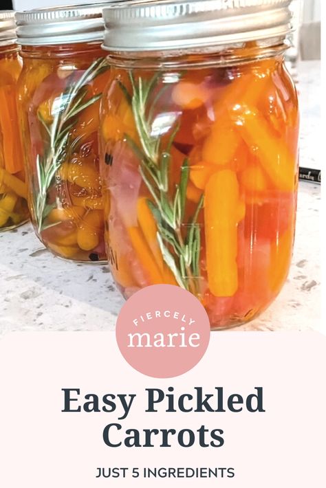 Have more carrots than you can eat? Instead of letting them go to waste, make my 5-Ingredients Easy Pickled Carrots! They are terrific on salads, charcuterie boards, or on their own. Eat now or can to enjoy later! Dilly Carrots Canning, Sweet Pickled Carrots, Pickled Carrots And Onions, Pickled Carrots Refrigerator, Pickled Baby Carrots, Canned Veggies Recipes, Carrot Canning Recipes, What To Do With Extra Carrots, Carrot Pickles Recipe