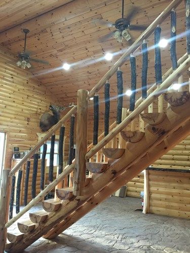 7 Rustic Railing Ideas | Northern Log Log Railing, Cabin Stairs, Montana Cabin, Loft Cabin, Loft Stairs, Rustic Home Design, Mountain Living, Saint Anthony, Log Cabin Homes