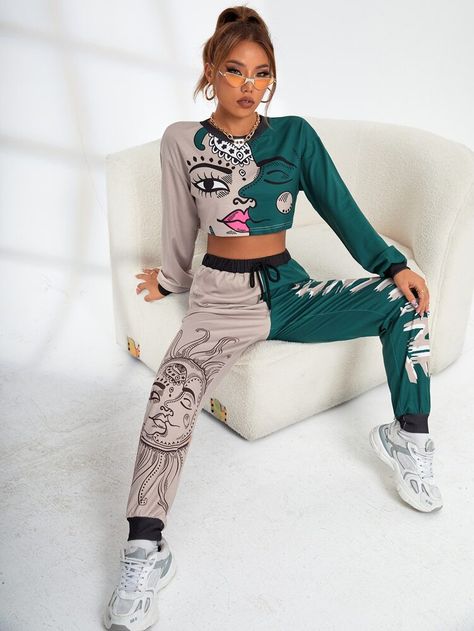 Two Tone Figure Graphic Crop Pullover & Drawstring Waist Sweatpants | SHEIN USA Trendy Office Outfits, Crop Top And Sweatpants, Khaki Slacks, Professional Work Outfit, Crop Pullover, Colorful Crop Tops, Pixie Pants, Warm Dresses, Wool Trousers