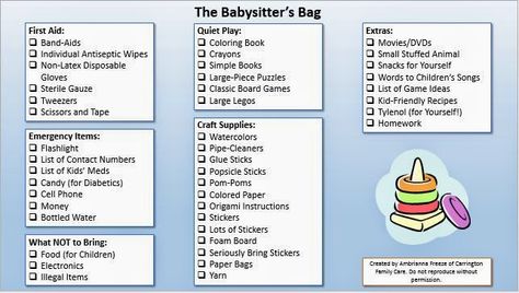 Ever wondered what to include in a babysitting bag? This checklist is super helpful! Babysitter Checklist, Nanny Bag, Babysitting Bag, Babysitting Kit, Babysitting Hacks, Babysitter Notes, Homemade Moon Sand, Babysitting Activities, Babysitting Jobs