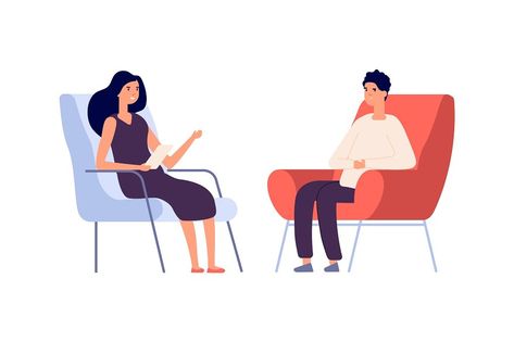 Woman psychologist. Couple flat man woman sitting on chairs. Psychotherapy session or psychological consultation. Sad frustrated guy vector. Psychologist woman, psychiatrist and patient illustration Psychologist Woman, Psychology Art Creative, Patient Illustration, Couple Talking, Children's Book Layout, Woman Sitting, Person Sitting, Creative Instagram Photo Ideas, Book Layout