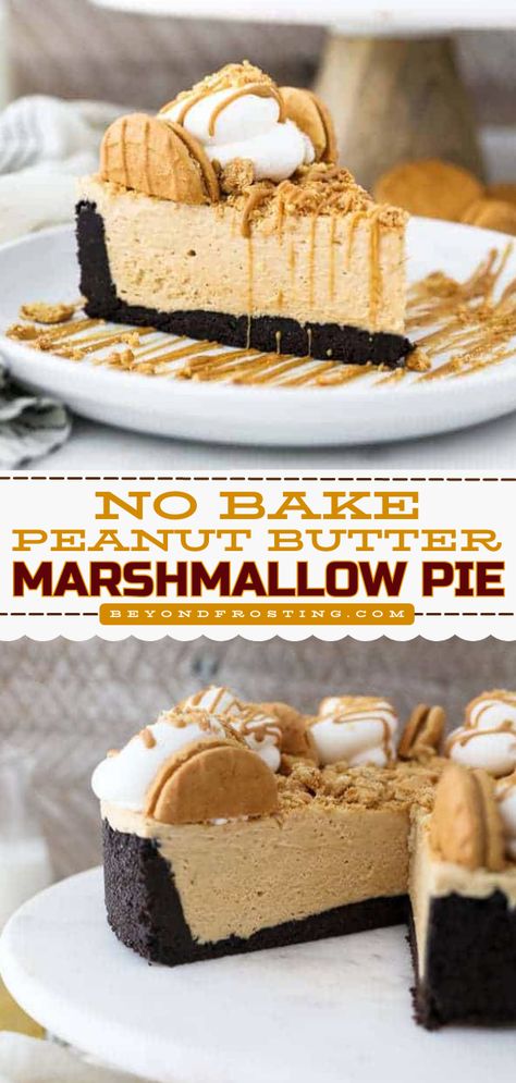 Don't miss out on this no-bake pie recipe! Piled atop an Oreo crust and finished with whipped cream, crushed peanut butter cookies, and peanut butter glaze, this peanut butter marshmallow pie is an amazing no-bake sweet. Put this on your summer dessert ideas! Peanut Butter Fluff Pie, Cheesecake With Marshmallow Fluff, Chocolate Peanut Butter Fluff Dessert, Fluff Pie Recipes, Peanut Butter Marshmallow Cheesecake, Baking With Marshmallow Fluff, Peanut Butter And Marshmallow Recipes, Dessert Recipes With Marshmallow Fluff, Marshmello Fluff Recipes Desserts