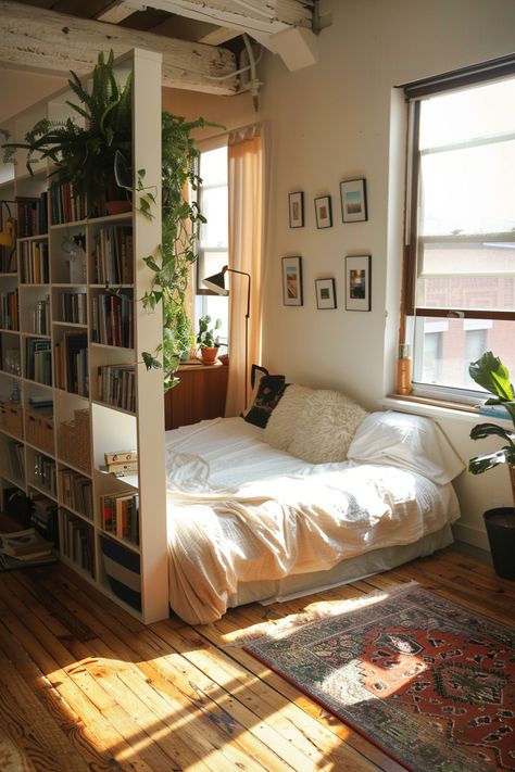 Bedroom With Room Divider, Creative Nook Ideas, Ikea One Room Apartment, One Room Appartement, 600 Sq Ft Studio Apartment Ideas, Small Apartment Interior Design Ideas, Apartment Room Divider, Bedroom Divider, Nyc Studio Apartments