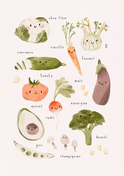 Vegetable Illustration Art, Educational Poster Ideas, Children’s Wall Art, Cute Eyes Illustration, Avocado Cute Art, Carrot Illustration Cute, Cauliflower Illustration, Children’s Illustration, Cauliflower Drawing