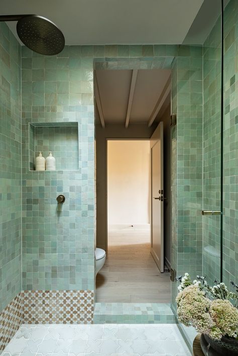 Gallery 3 — Studio Ezra Studio Ezra, Zellige Tile Bathroom, Tiles Of Ezra, Bathroom Splashback, Mosaic Border, Moroccan Bathroom, Bathroom Green, Moroccan Zellige, Bathtub Tile