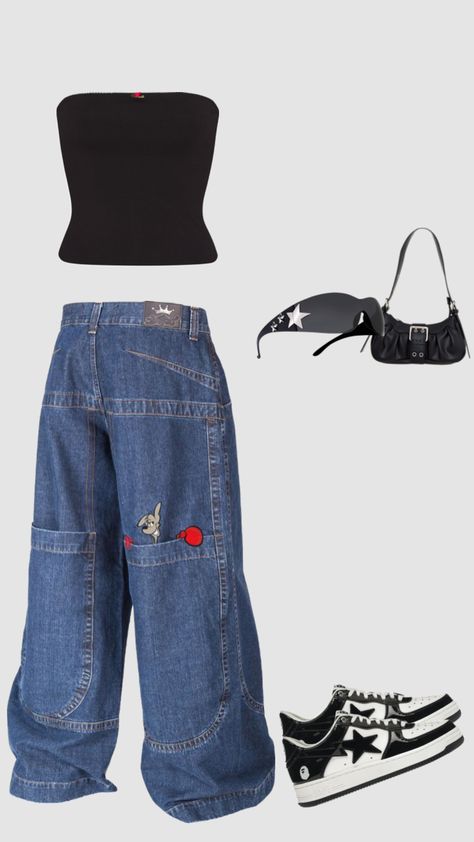 Tube top and baggy jean fit Jeans And Crop Top Outfit, Fancy Pants Outfit, Chef Kiss, Y2k Inspo, Jean Fit, Random Clothes, Easy Patterns, Baggy Jean, Downtown Outfits