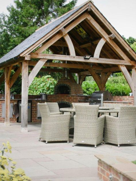 Oak Frame Outdoor Kitchen, Oak Outdoor Kitchen, Outdoor Shelter Ideas, Corner Pavilion, Kitchen Gazebo, Barbecue House, Victorian Gazebo, Decking Designs, Oak Gazebo