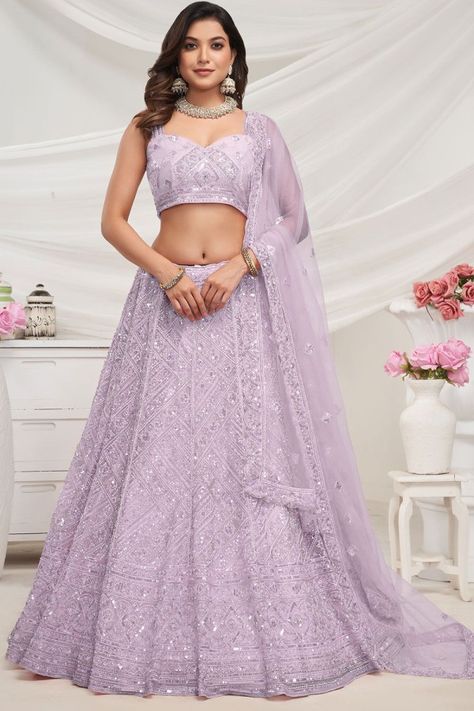 Lavender Embroidered Net Designer Lehenga Choli Bride Looks, Net Lehenga Choli, Reception Bridal Dress, Lehenga Choli Wedding, Lehenga Gown, Lehenga Style, Plus Size Gowns, Net Lehenga, Ghagra Choli