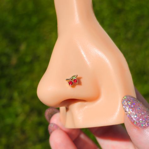 Red Nose Piercing, Nostril Jewelry, Nose Piercing Ring, Red Gems, Nostril Ring, Nose Bone, Nose Bones, Green Gem, Cherry Fruit