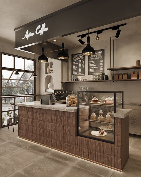 A Little Coffee on Behance Interior Design Coffee Bar, Cafe Home Design, Counter Cafe Design Coffee Shop, Coffee Bar Ideas Restaurant, Bar Cafe Design Interior, Cafe Island Counter, Take A Way Coffee Shop Design, Coffee Shops Designs, Brick Wall Cafe Interior