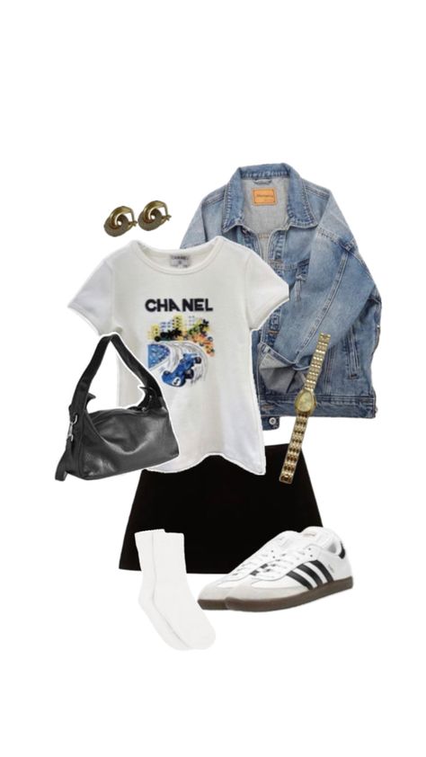 Outfit inspo for a casual day - black mini skirt, white oversized graphic t-shirt, blue oversized denim jacket, paired with gold earrings, a gold watch, a black shoulder bag, black trainers and white socks Casual Mini Skirt Outfit, Casual Mini Skirt, Simple Outfit Ideas, Black Mini Skirt Outfit, Denim Jacket Oversized, Mini Skirt Outfit, Simple Summer Outfits, Miniskirt Outfits, Oversized Denim Jacket