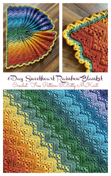 6-Day Sweetheart Rainbow Baby Blanket Crochet Free Pattern Crochet Blanket Free, Crocheted Rainbow Blanket, Rainbow Crochet Blanket, Crochet Blanket Patterns Rainbow, Rainbow Through The Storm Crochet Blanket Free Pattern, Rainbow Crochet Blanket Pattern, Rainbow Sampler Crochet Blanket Free Pattern, Rainbow Arch Crochet Blanket, Lgbtq Crochet Blanket Patterns