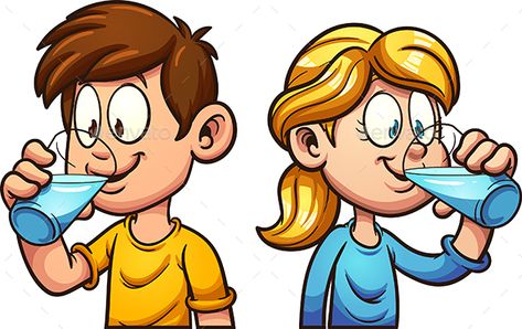 Cute cartoon boy and girl drinking water. Vector clip art illustration with simple gradients. Each on a separate layer. EPS10 file Girl Drinking Water, Water Clipart, Water Vector, Animated Clipart, Water Kids, Drawing Kids, Butterfly Coloring, Water Images