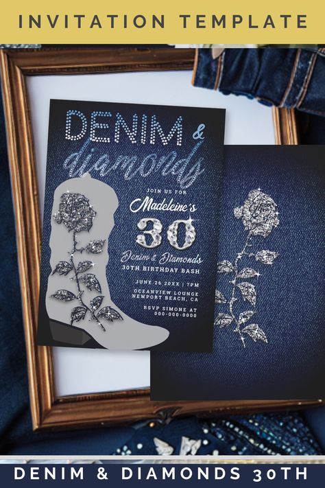 a Denim and Diamonds 30th Birthday Party Invite for Women with a Cowgirl Boot and a Bling Rose, Elegant Classy Denim And Diamonds Theme, 30th Celebration, Bling Birthday Party, Blue Cowgirl Boots, 30th Birthday Ideas For Women, 30th Birthday Bash, Diamond Theme, Thirtieth Birthday, Denim Background