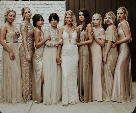 Wedding Secrets, Bridal Entourage, Champagne Bridesmaid Dresses, Nye Wedding, Champagne Bridesmaid, Gold Bridesmaid Dresses, Gold Bridesmaids, Cinderella Story, Theme Color