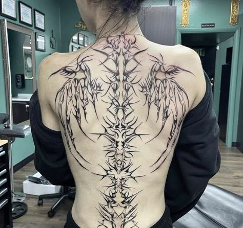 Back Tattoo Ornamental Design, Back Cybersigilism Tattoo, Y2k Millenium, Kim Jaewon, Emo Tattoos, Grunge Tattoo, Tattoo Themes, Sigil Tattoo, Wicked Tattoos