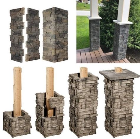 Stone Porch Columns, Front Porch Pillars, Porch Renovation, Front Porch Stone, Front Porch Posts, Porch Pillars, Outdoor Columns, Front Porch Columns, Stone Veneer Siding