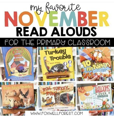 November Books For Kids, November Read Alouds Kindergarten, Library Thanksgiving, Fall Read Alouds, Thanksgiving Read Alouds, November Read Alouds, Snack Activities, Book Rotation, Thanksgiving Read Aloud