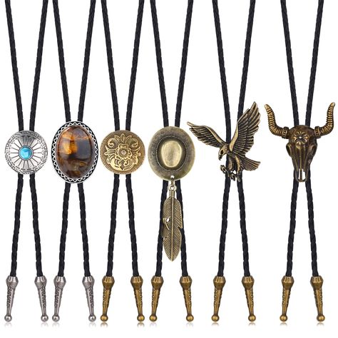 PRICES MAY VARY. Leather 【BOLO TIES FOR MEN WESTERN】 You will receive 6pcs diffirent style bolo ties in one set, including cow skull bolo tie, western eagle bolo tie, natural tiger eye stone bolo tie, turquoise bolo ties, texas star bolo tie necktie, etc. Fashion and classic design, full of baroque style, perfect jewelry accessories to match your clothes, easy to show your unique personality. 【COWBOY TIES FOR MEN】 The necktie rope is a hand braided leather type material, comfortable to wear, won Cowboy Tie, Bola Tie, Western Bolo Tie, Western Town, Native American Necklace, Texas Star, Bolo Ties, Ties For Men, Tie For Men