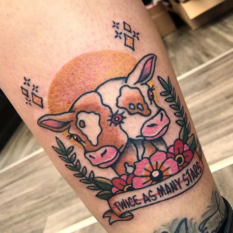 Josh Silveus on Instagram: “Jo: Cow! Jo: Another cow! Bill: Actually I think that was the same one. #tattoo #tattoos #newtattoo #tattooideas #traditionaltattoo…” Two Headed Cow, Dopamine Tattoo, Cow Skull Tattoos, Cow Tattoo, Bicycle Tattoo, One Tattoo, Calf Tattoo, Tattoo Feminina, Sparks Joy