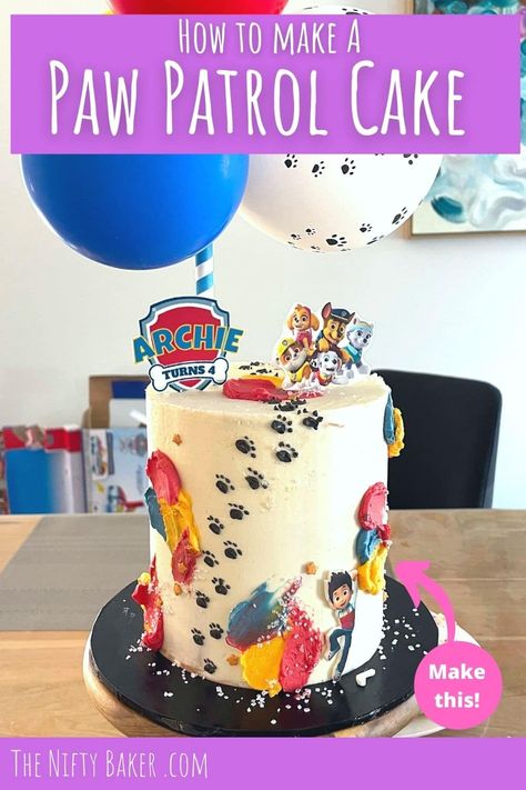 Chocolate cake decorated with white buttercream, paw patrol characters and yellow, red, blue and paw print balloons. Easy Paw Patrol Cake, Diy Paw Patrol Cake, Simple Paw Patrol Cake, Paw Patrol Birthday Cake Boys, Skye Paw Patrol Cake, Puppy Birthday Cakes, Paw Birthday, Mario Birthday Cake, Combined Birthday Parties