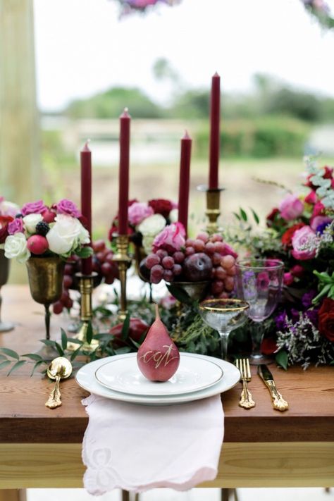 FALL DECOR | NgLp Designs shares a Fall-inspired Urban Barn Bridal Shower with deep burgundy hues ~ table decor, table setting ideas, autumn, rustic, rural setting, wedding table decor /// #bridal #tabledecor #fallstyle Wedding Color Schemes Gold, Fall Wedding Table Decor, Wedding Table Layouts, Candles And Flowers, Purple Bridal Shower, Fall Wedding Tables, Marsala Wedding, Bridal Shower Centerpieces, Gold Bridal Showers