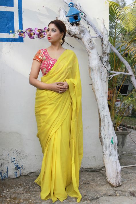 Plain Yellow Saree With Contrast Blouse, Bright Yellow Saree, Hot Pink Saree Contrast Blouse, Heavy Blouse With Plain Saree, Yellow Saree With Pink Blouse, Plain Yellow Saree, Yellow Blouse Designs, Plain Saree With Heavy Blouse, Shaded Saree