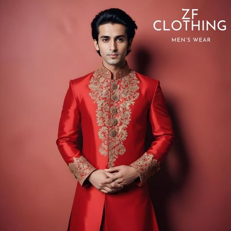 Men Wedding Dresses, Red Sherwani, Wedding Wear Indian, Churidar Pajama, Pajama Men, Sherwani Wedding, Men Sherwani, Golden Embroidery, Ethnic Suit