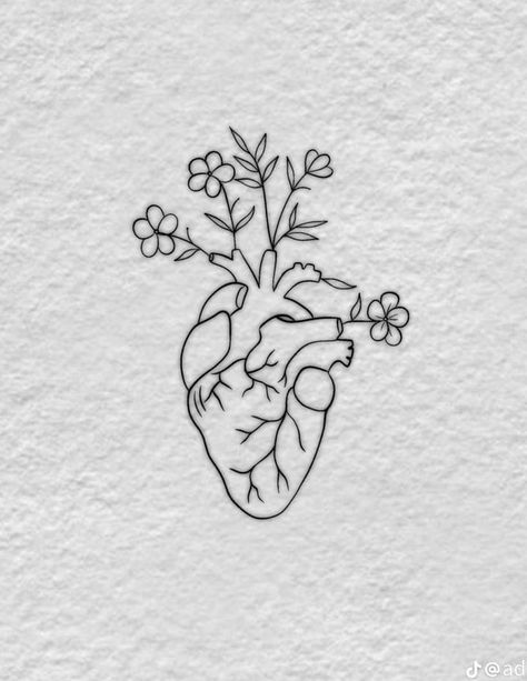 Human Heart Flower Tattoo, Flower Heads Drawing, Intense Tattoo Ideas, Single Line Drawing Tattoo, Cute Italian Tattoos, Head Vs Heart Tattoo, Brain Surgery Tattoo, Actual Heart Tattoo, Real Heart Tattoo Designs