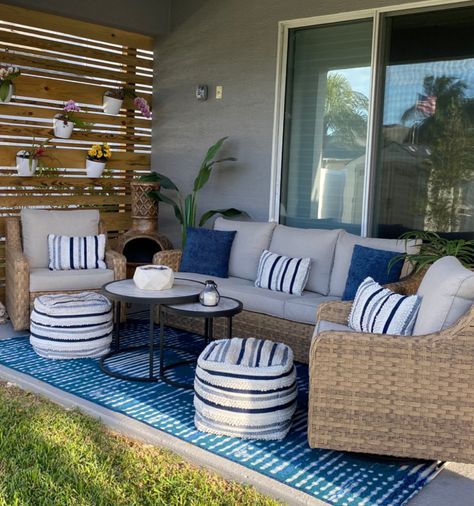 Back Porch Lounge Ideas, Patio Furniture Ideas For Small Patio, Patio Furniture Design Layout, Blue Backyard Decor Patio, Small Patio Set Up, Better Homes And Gardens River Oaks, Patio Decorating Ideas Navy Blue, River Oaks Patio Furniture, Better Homes And Garden Patio Furniture