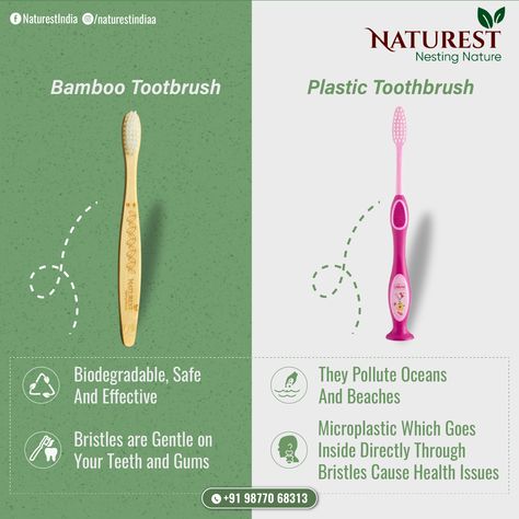 🔰 Plastic Toothbrush - They Pollute Oceans And Beaches Microplastic Which Goes Inside Directly Through Bristles Cause Health Issues 🔰Bamboo Toothbrush - Biodegradable, Safe And Effective Bristles Are Gentle On Your Teeth And Gums. Eco Friendly Bamboo products Naturest India #naturestindia #saynotoplastic #bambootoothbrush #bambooproducts #ecofriendlyproducts #bamboo #naturefriendly #BambooToothbrush #GoGreenWithBamboo #SustainableOralCare #EcoFriendlyBrush #BambooBeauty #NaturallyCleanSm Product Comparison, Bamboo Products, Bamboo Toothbrush, Nature Friendly, Teeth Care, Healthy Teeth, Oral Hygiene, Dental Health, Oral Health