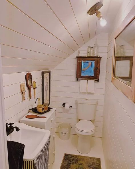 Slopped Roof Bathroom, Tiny Attic Bathroom Ideas Slanted Ceiling, Small Dormer Bathroom Ideas, Low Sloped Ceiling Bathroom, Half Bath With Slanted Ceiling, Slant Ceiling Bathroom, Short Ceiling Bathroom, Bathroom With Slanted Ceiling Small, Slanted Wall Bathroom