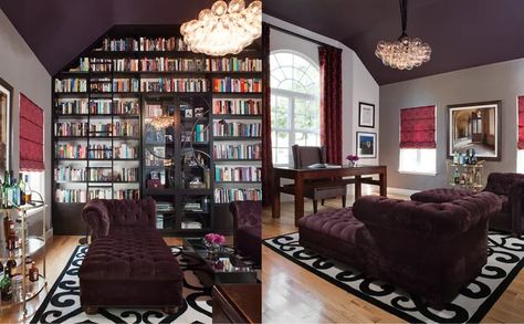 27 Painted Ceiling Ideas Dark Purple Living Room, Purple Dining Room Walls, Luxury Bookcase, Purple Dining Room, Living Room Colorful, Vaulted Ceiling Living Room, Colored Ceiling, Living Room Ceiling, Vaulted Ceilings