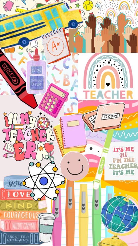 A collage of all things teaching! This one is for my sister who’s a first grade teacher! Hope someone else can use it too :) Ipad Teacher, Back To School Wallpaper, Teacher Wallpaper, Teacher Aesthetic, Iphone Wallpaper Vsco, Girly Wallpapers, Boho Crafts Diy, School Scrapbook, Wallpaper Stickers