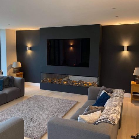 Living Room Decor With Media Wall, Grey Media Wall, Fireplace Walls With Tv, Playroom Update, Kitchen Open Concept, Cinema Wall, Fire Ideas, Lounge Inspiration, Media Walls