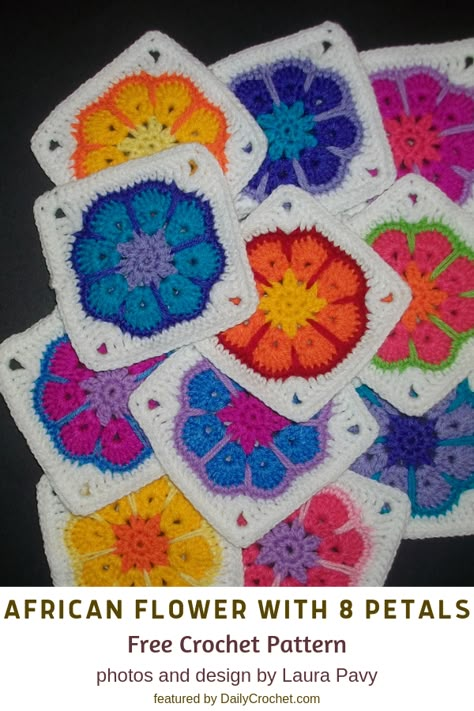 8 Petal African Flower Pattern Is Fun And A Great Granny Square Introduction - Knit And Crochet Daily 8 Petal African Flower Crochet, African Flower Granny Square, Crochet Flower Granny Square Pattern, Sunburst Granny Square, Crochet African Flowers, Crochet Flower Blanket, Flower Granny Square, Crochet Motif Patterns, Square Crochet Pattern