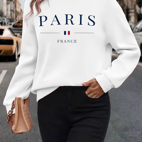 Faster shipping. Better service Paris Print, Letter Print Sweatshirt, Round Neck Sweatshirts, Winter Hoodies, Print Pullover, Casual Sweatshirt, White Sweatshirt, Knitted Pullover, Long Sleeve Pullover